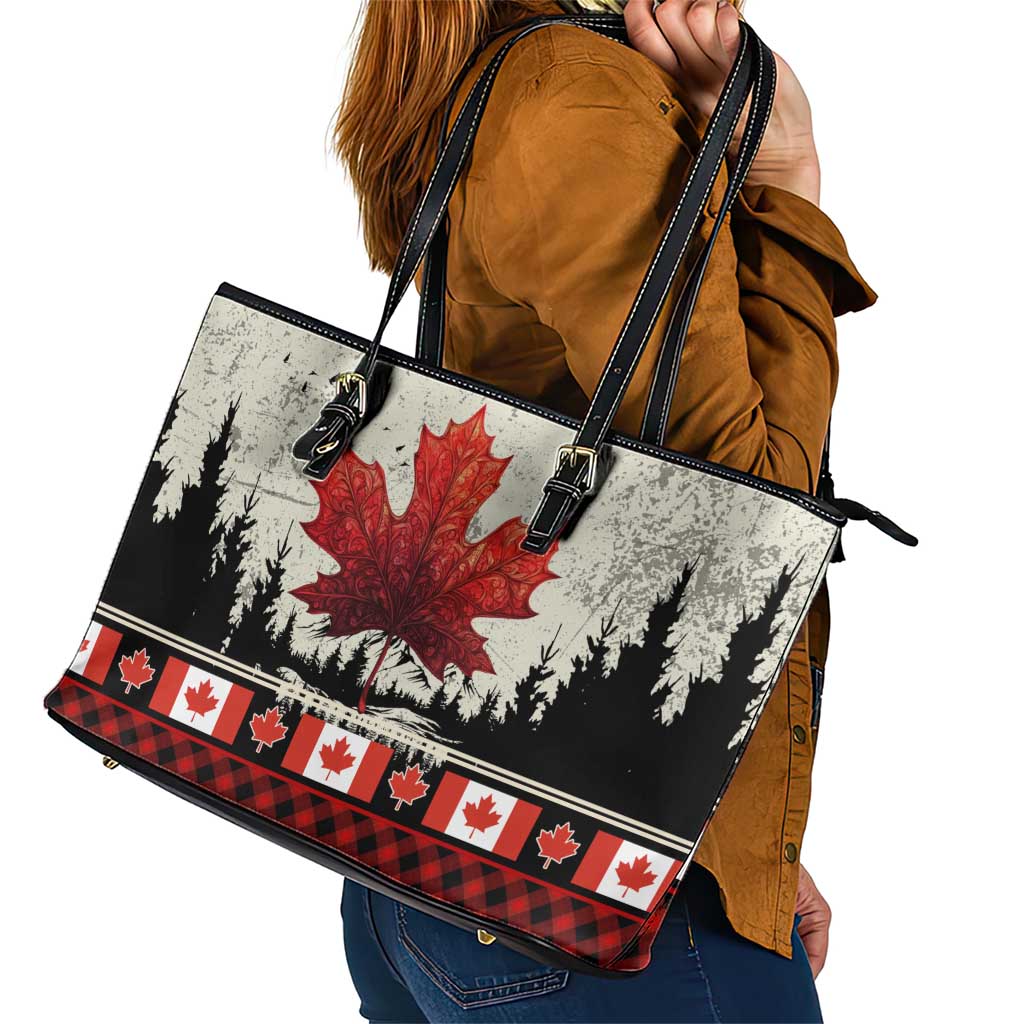 Canada Flag Leather Tote Bag Maple Leaf & Plaid Pattern Design