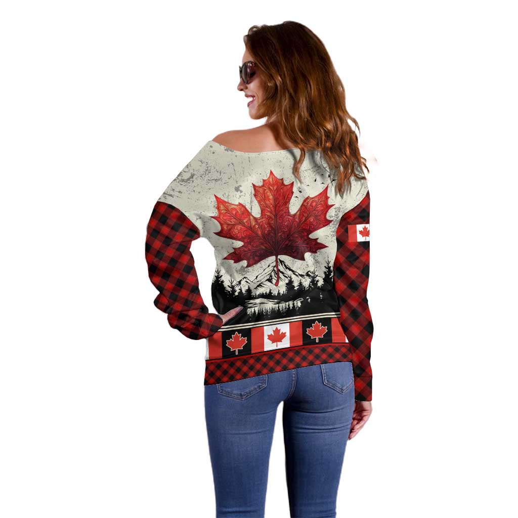 Canada Flag Off Shoulder Sweater Maple Leaf & Plaid Pattern Design