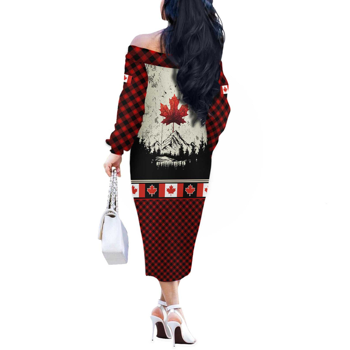 Canada Flag Off The Shoulder Long Sleeve Dress Maple Leaf & Plaid Pattern Design