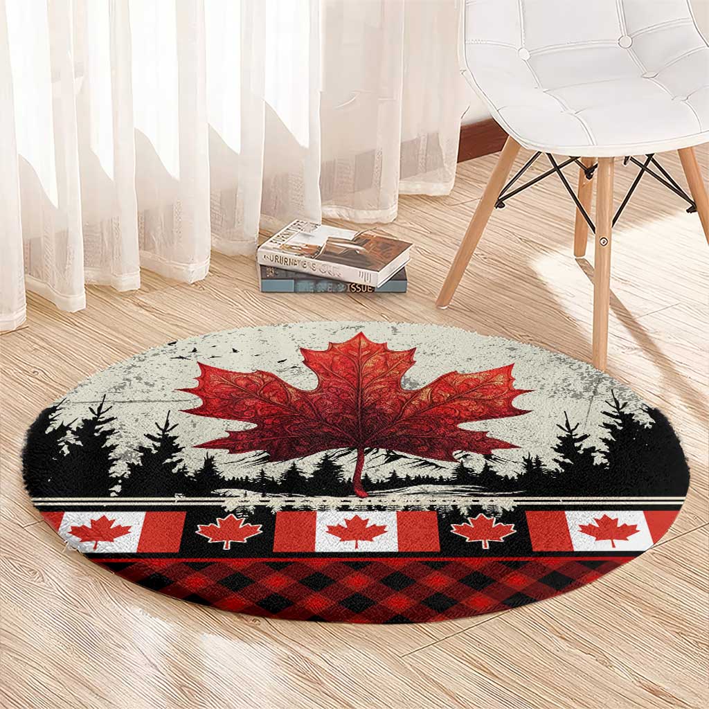 Canada Flag Round Carpet Maple Leaf & Plaid Pattern Design