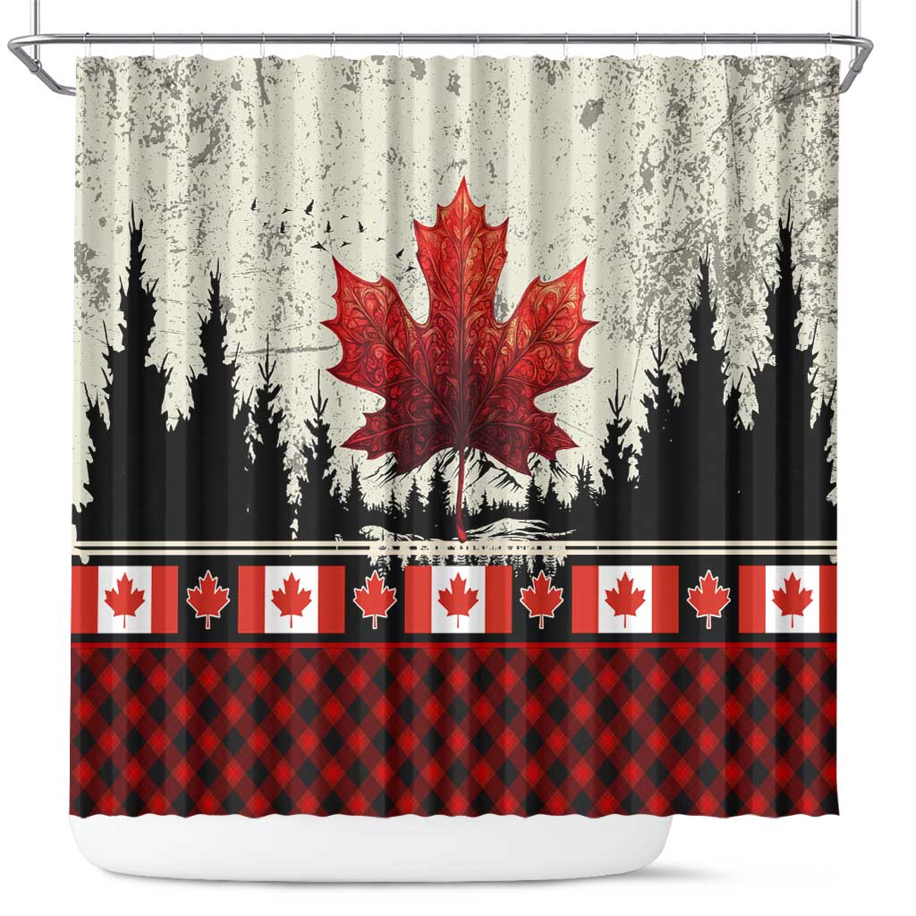 Canada Flag Shower Curtain Maple Leaf & Plaid Pattern Design