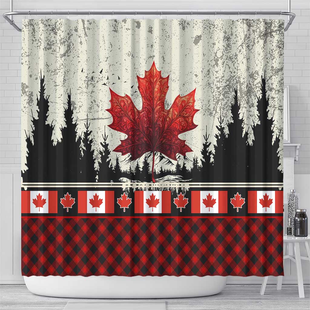 Canada Flag Shower Curtain Maple Leaf & Plaid Pattern Design