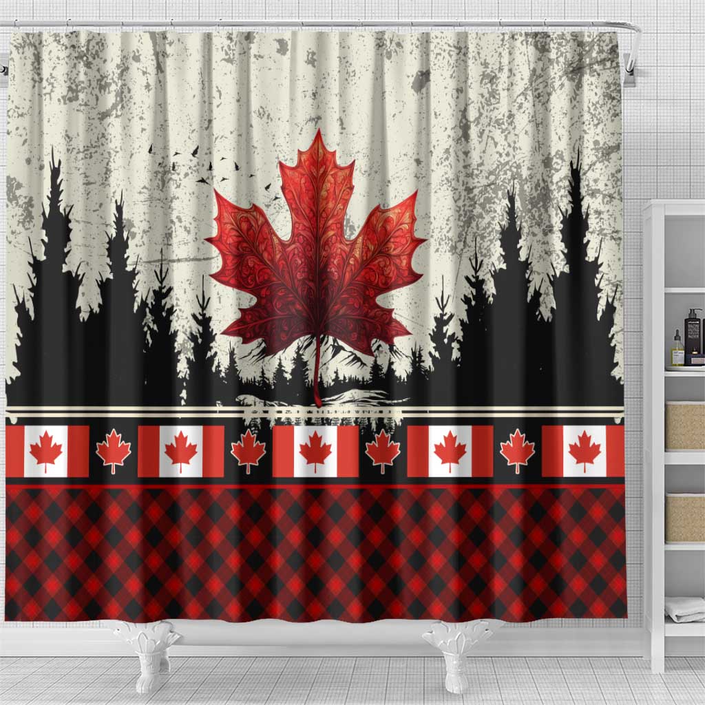 Canada Flag Shower Curtain Maple Leaf & Plaid Pattern Design