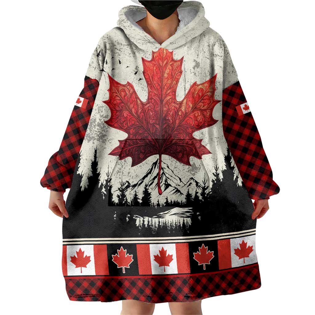 Canada Flag Wearable Blanket Hoodie Maple Leaf & Plaid Pattern Design