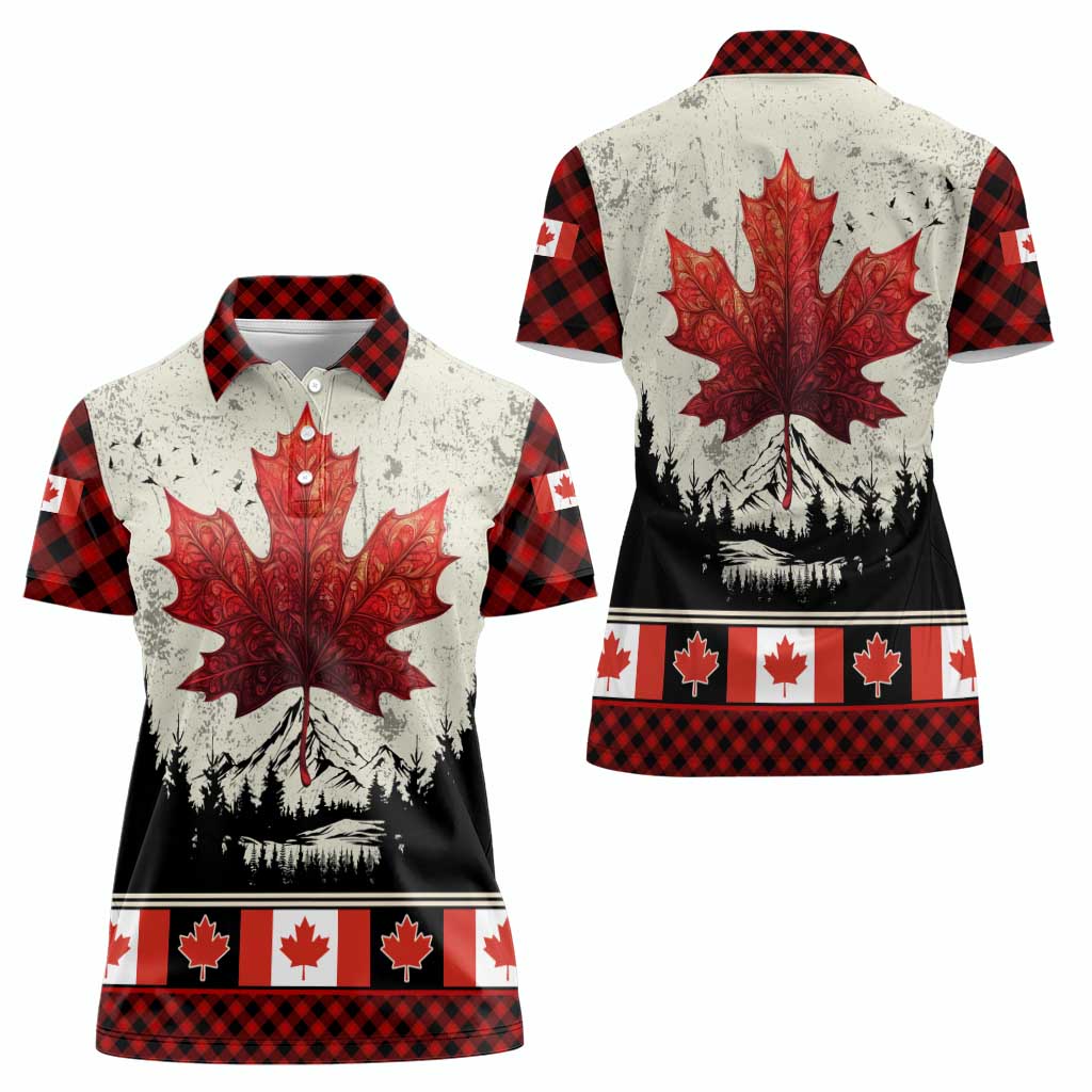 Canada Flag Women Polo Shirt Maple Leaf & Plaid Pattern Design