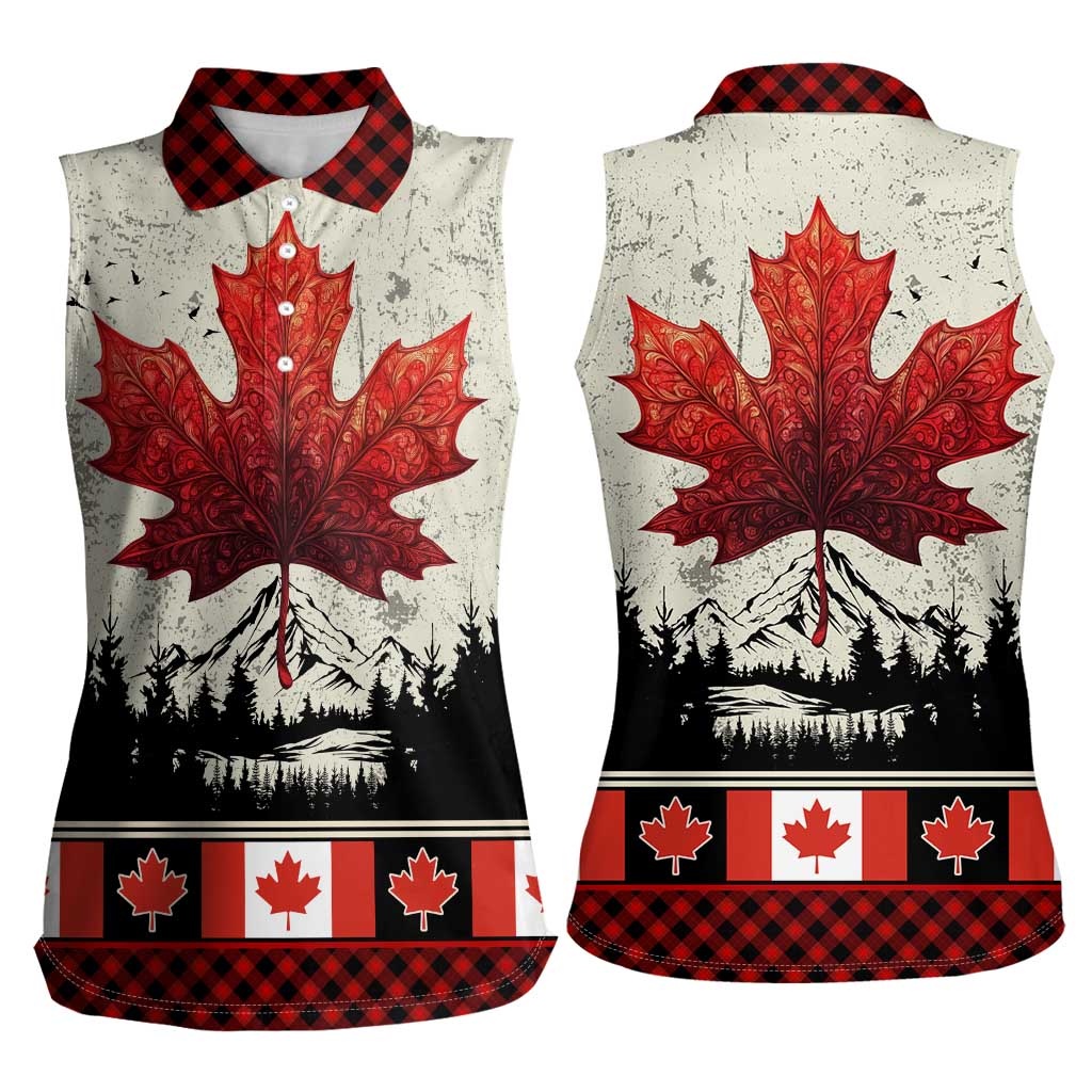 Canada Flag Women Sleeveless Polo Shirt Maple Leaf & Plaid Pattern Design