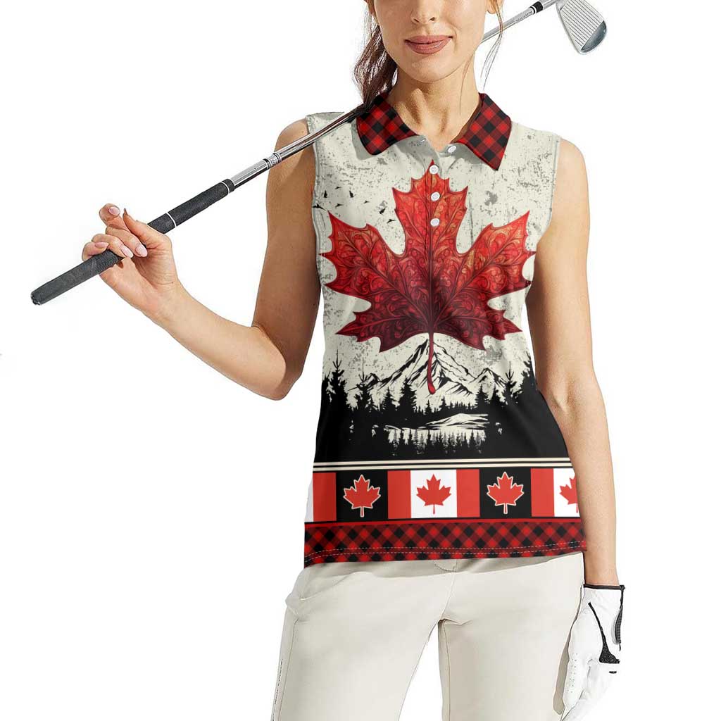 Canada Flag Women Sleeveless Polo Shirt Maple Leaf & Plaid Pattern Design
