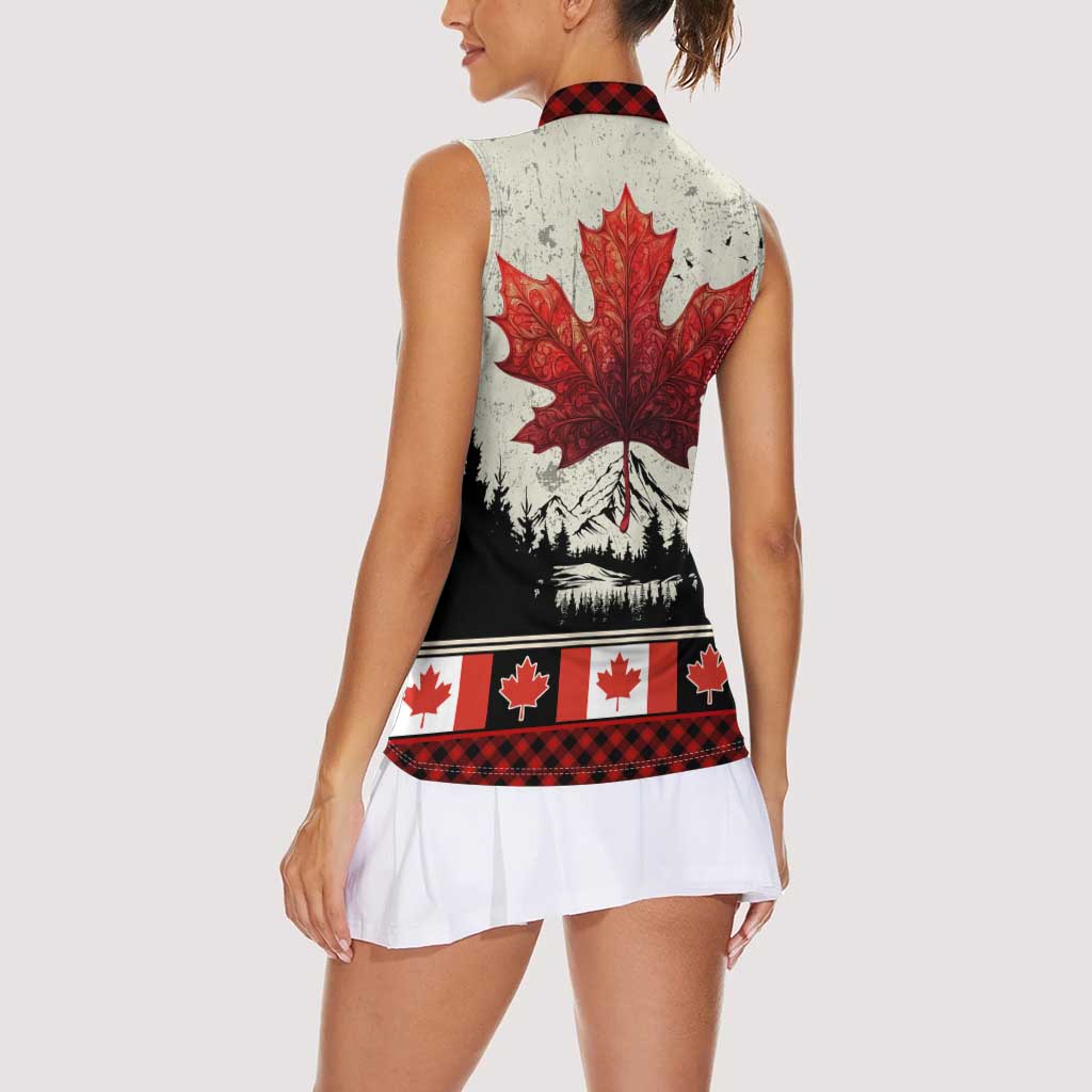 Canada Flag Women Sleeveless Polo Shirt Maple Leaf & Plaid Pattern Design