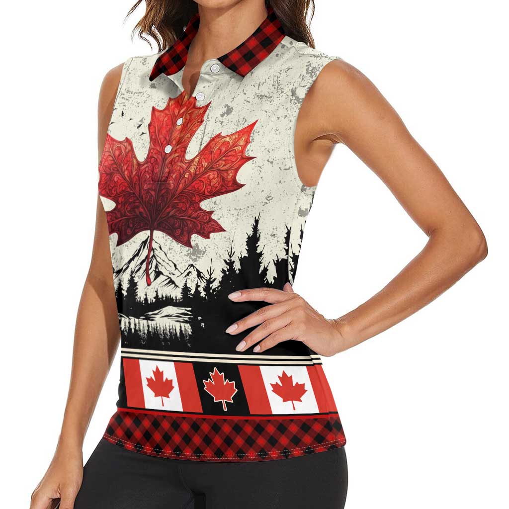 Canada Flag Women Sleeveless Polo Shirt Maple Leaf & Plaid Pattern Design