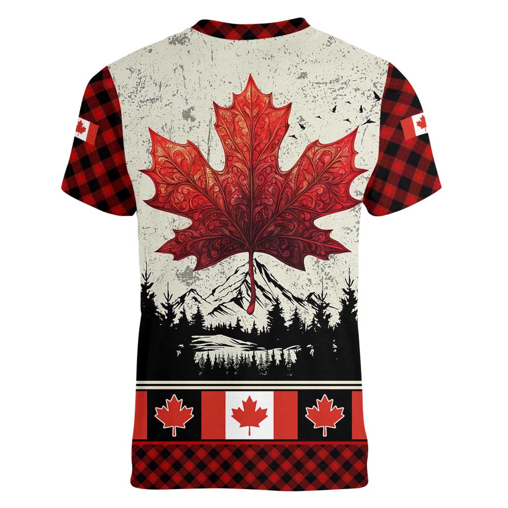 Canada Flag Women V-Neck T-Shirt Maple Leaf & Plaid Pattern Design