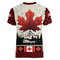 Canada Flag Women V-Neck T-Shirt Maple Leaf & Plaid Pattern Design