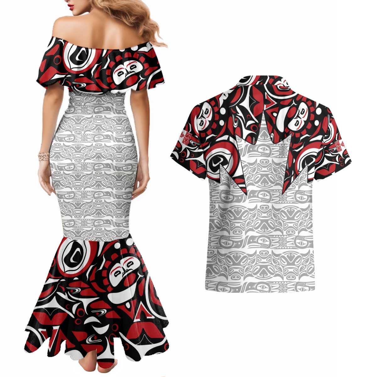 Canada Couples Matching Mermaid Dress and Hawaiian Shirt Haida Art-Inspired Pattern Design