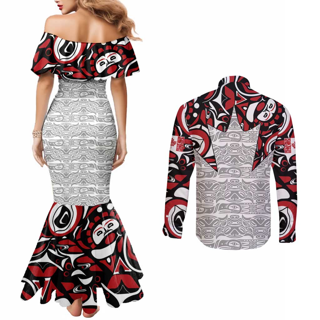 Canada Couples Matching Mermaid Dress and Long Sleeve Button Shirt Haida Art-Inspired Pattern Design