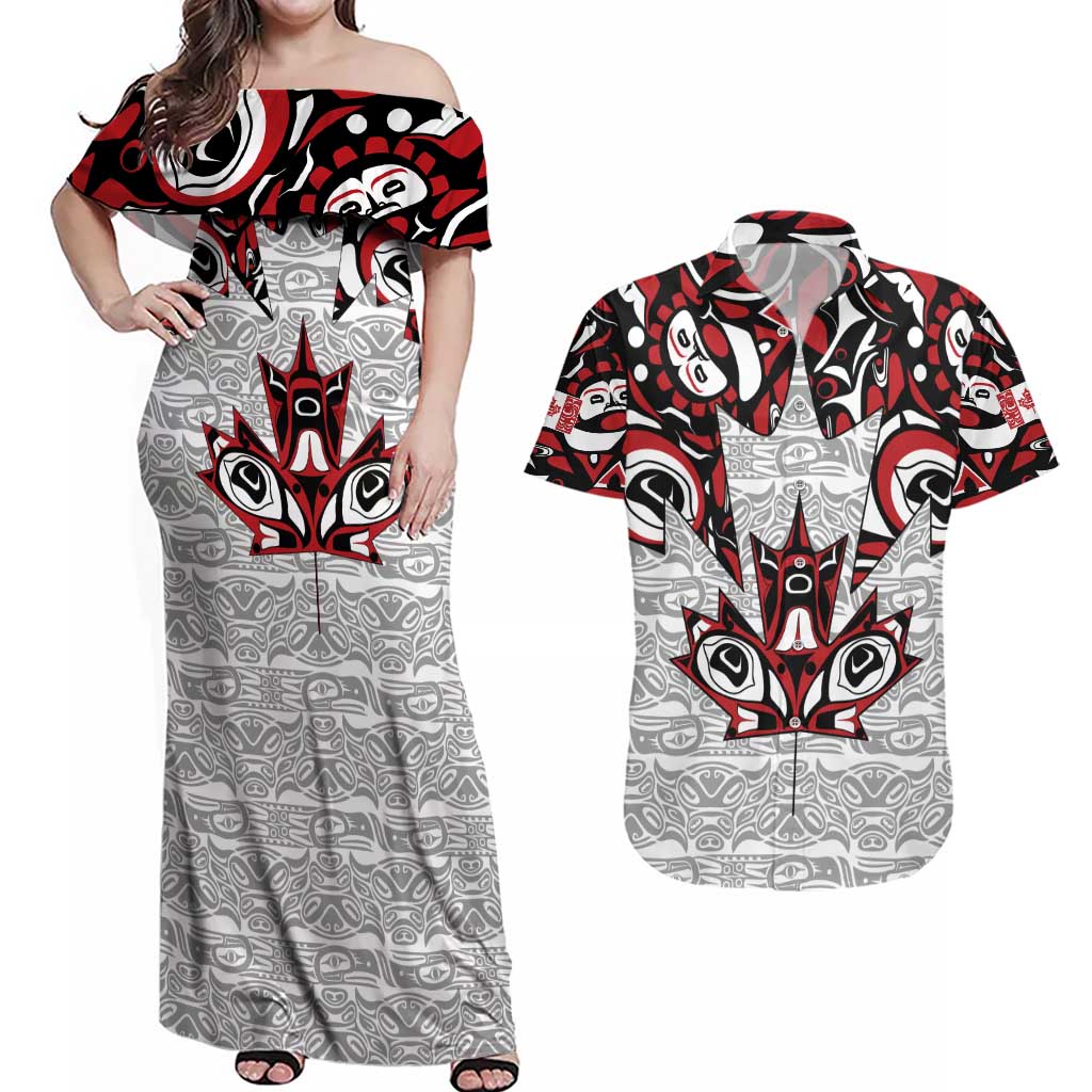 Canada Couples Matching Off Shoulder Maxi Dress and Hawaiian Shirt Haida Art-Inspired Pattern Design