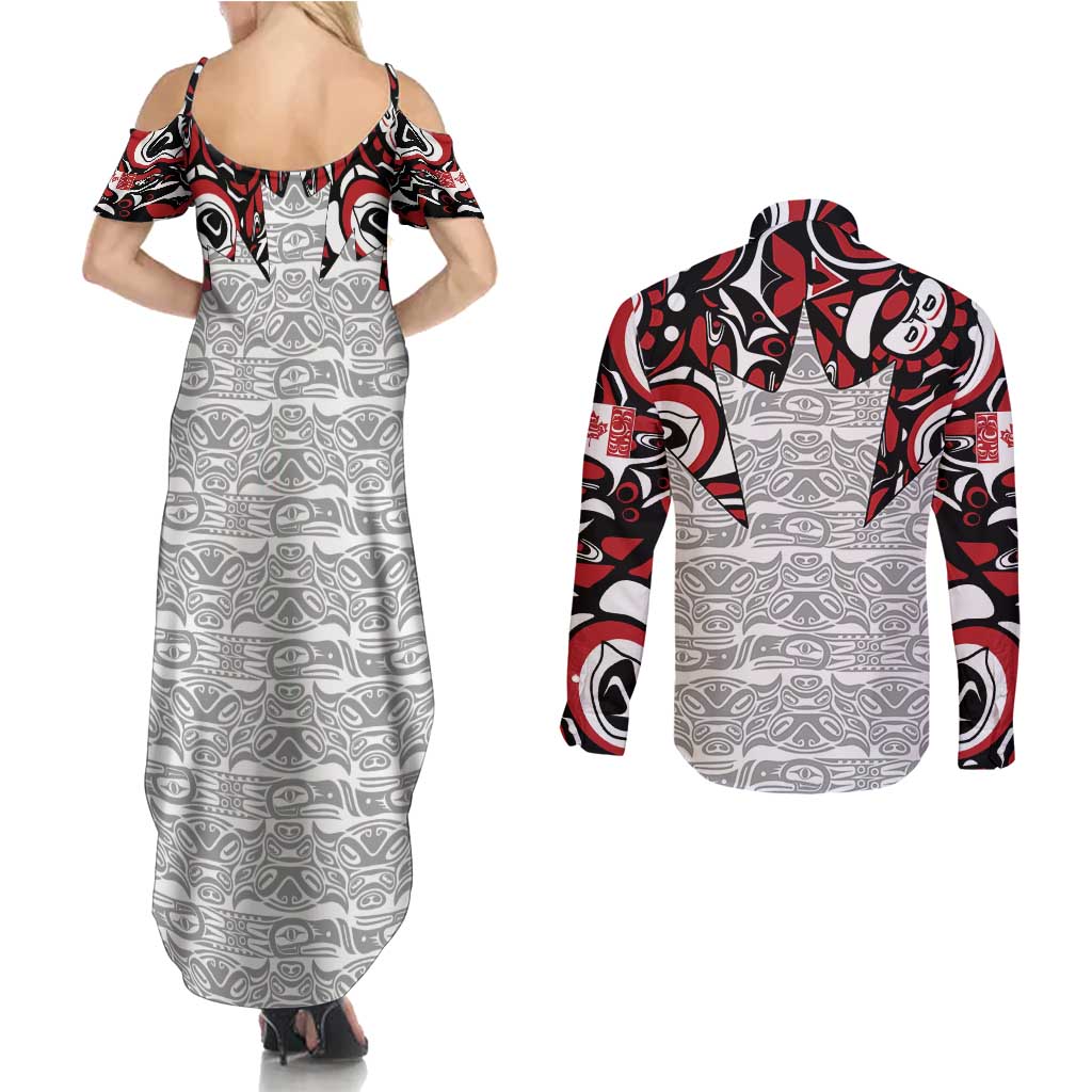 Canada Couples Matching Summer Maxi Dress and Long Sleeve Button Shirt Haida Art-Inspired Pattern Design