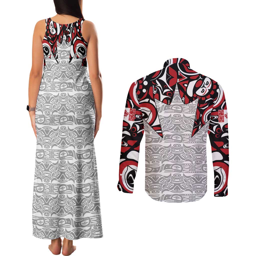Canada Couples Matching Tank Maxi Dress and Long Sleeve Button Shirt Haida Art-Inspired Pattern Design