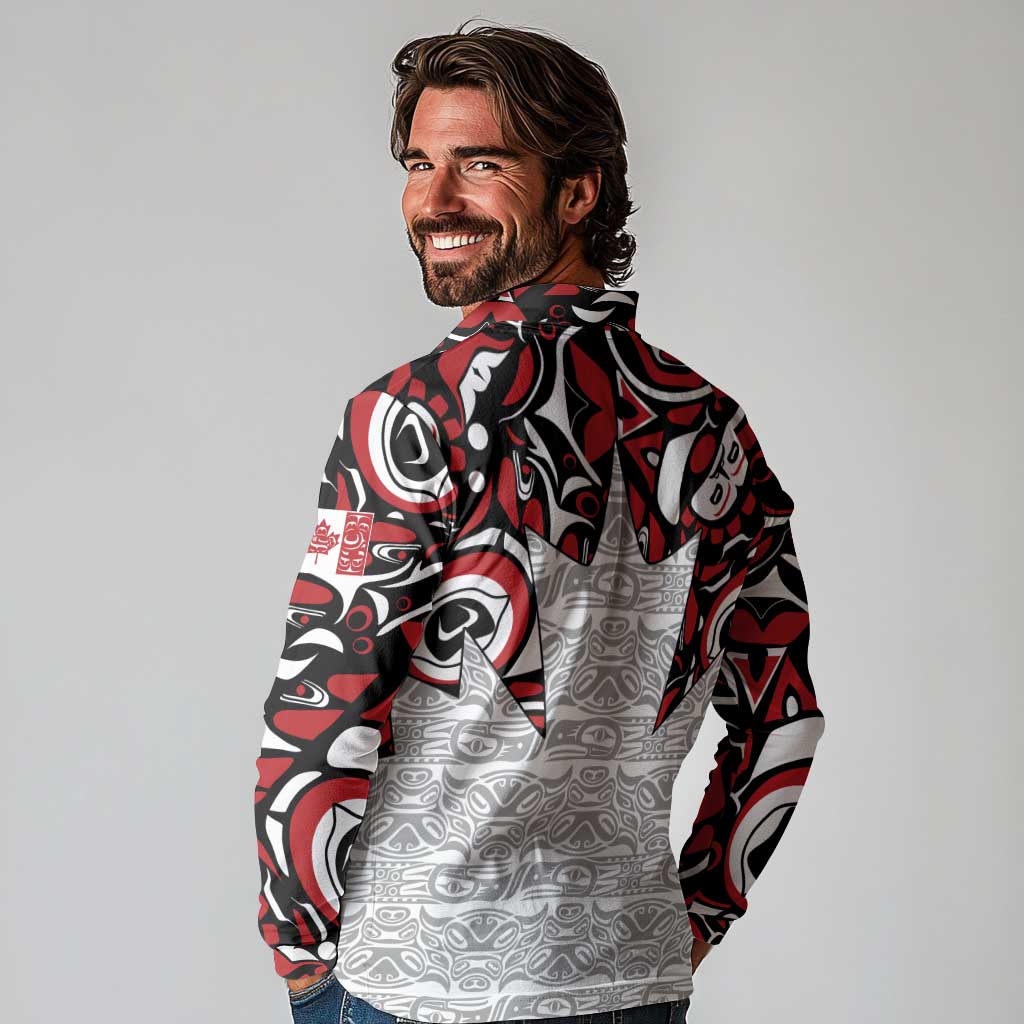 Canada Long Sleeve Polo Shirt Haida Art-Inspired Pattern Design