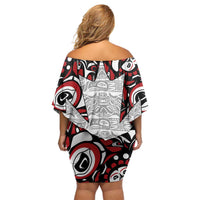 Canada Off Shoulder Short Dress Haida Art-Inspired Pattern Design