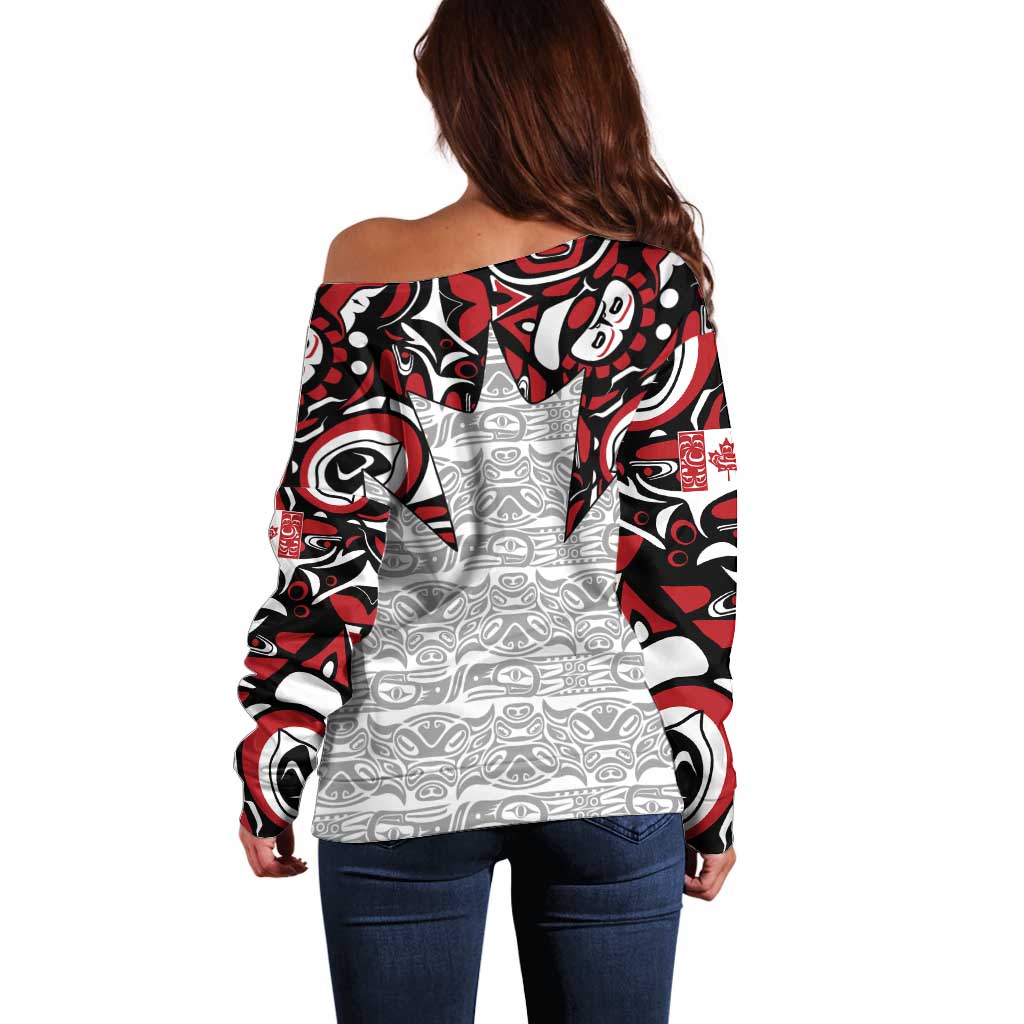 Canada Off Shoulder Sweater Haida Art-Inspired Pattern Design