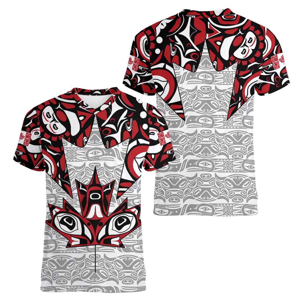 Canada Women V-Neck T-Shirt Haida Art-Inspired Pattern Design