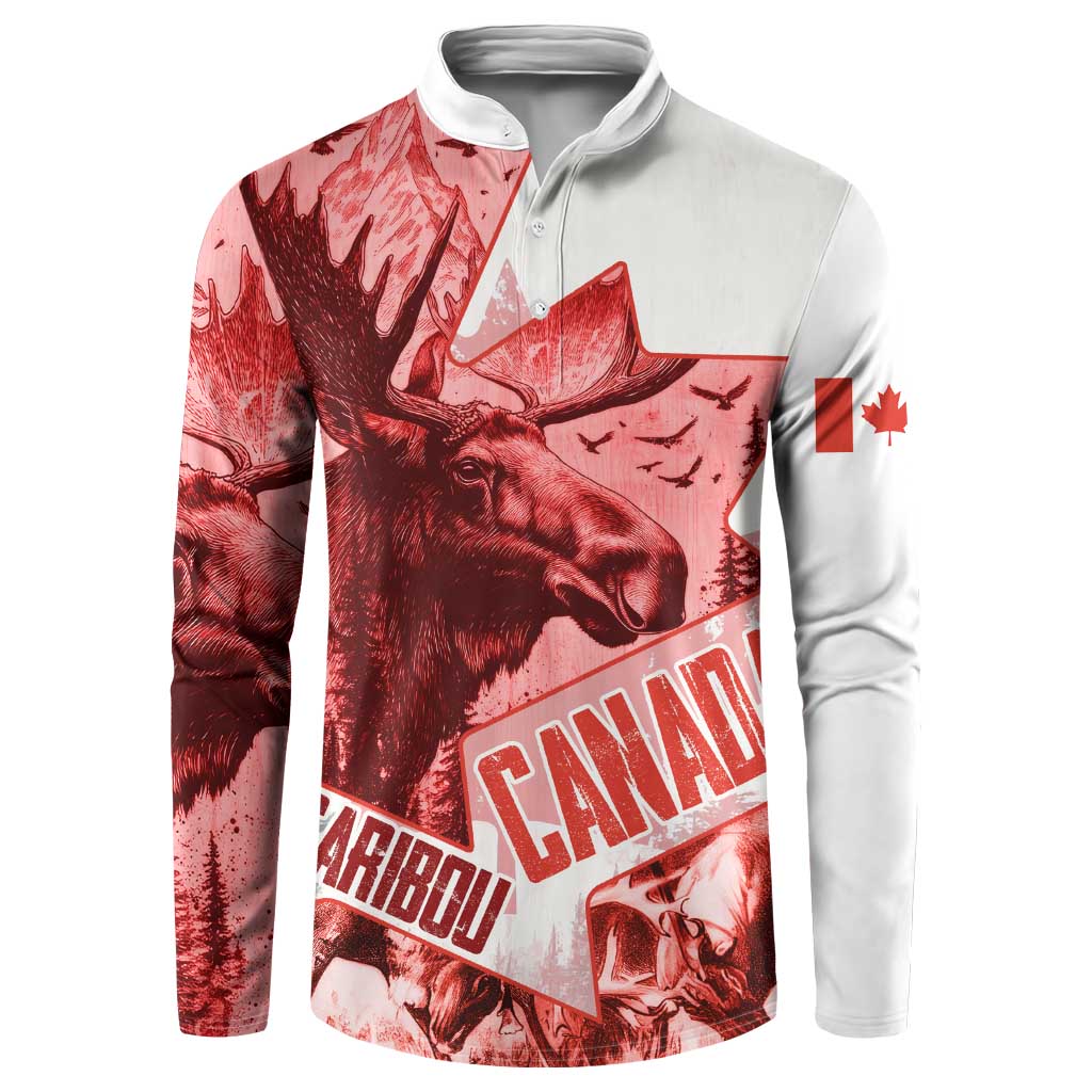 Canada Flag Button Sweatshirt Caribou Design with National Symbol
