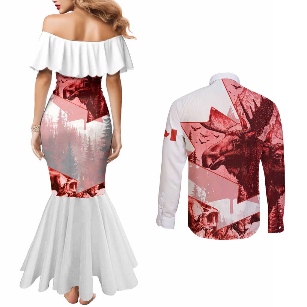 Canada Flag Couples Matching Mermaid Dress and Long Sleeve Button Shirt Caribou Design with National Symbol