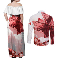 Canada Flag Couples Matching Off Shoulder Maxi Dress and Long Sleeve Button Shirt Caribou Design with National Symbol