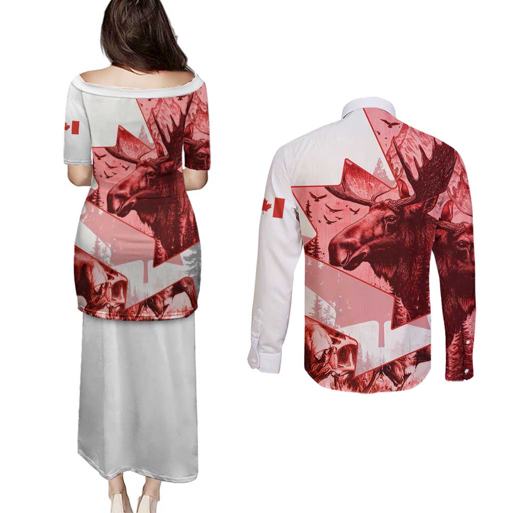 Canada Flag Couples Matching Puletasi and Long Sleeve Button Shirt Caribou Design with National Symbol