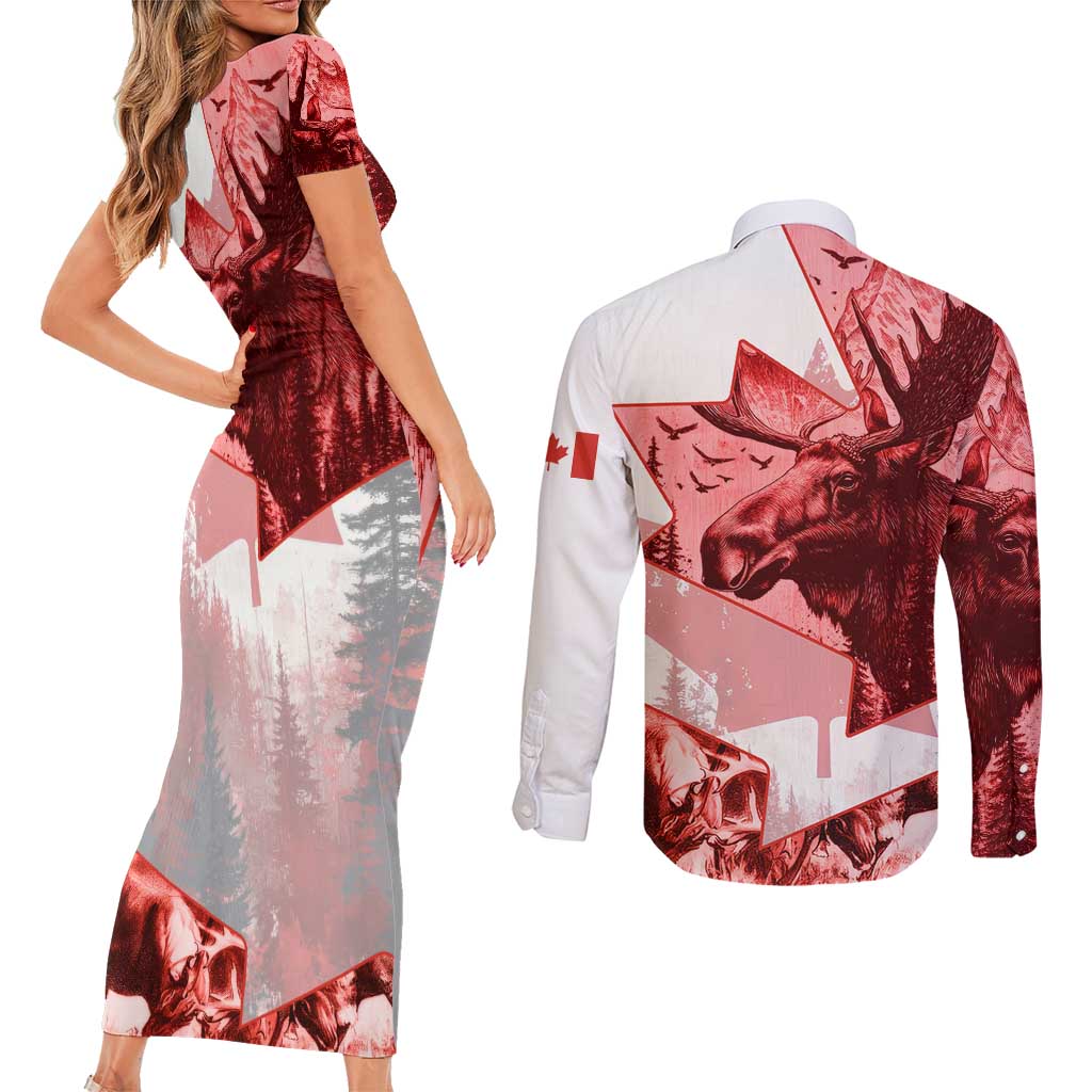 Canada Flag Couples Matching Short Sleeve Bodycon Dress and Long Sleeve Button Shirt Caribou Design with National Symbol