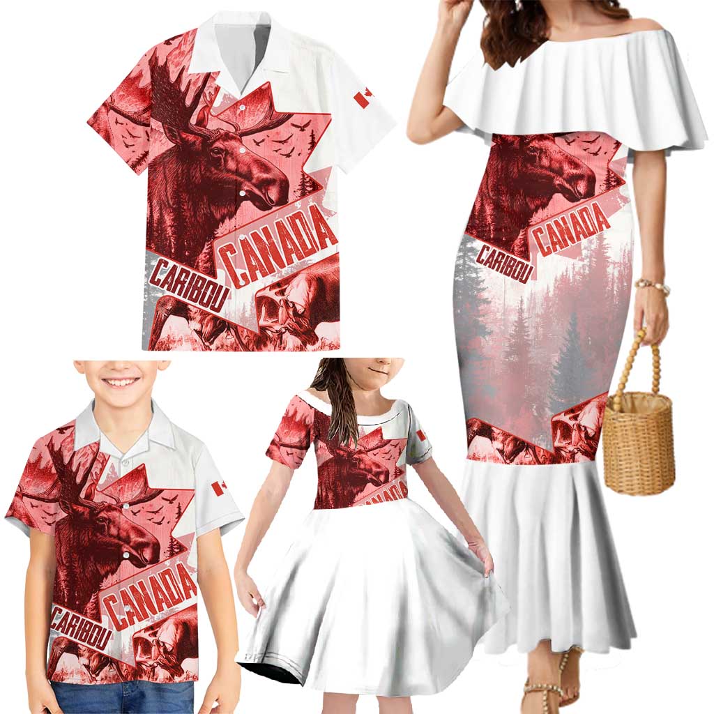 Canada Flag Family Matching Mermaid Dress and Hawaiian Shirt Caribou Design with National Symbol