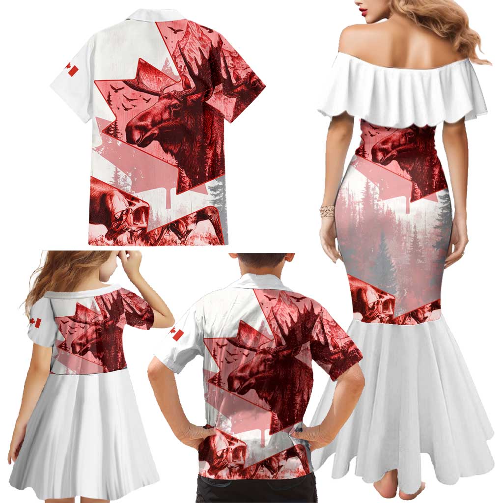Canada Flag Family Matching Mermaid Dress and Hawaiian Shirt Caribou Design with National Symbol