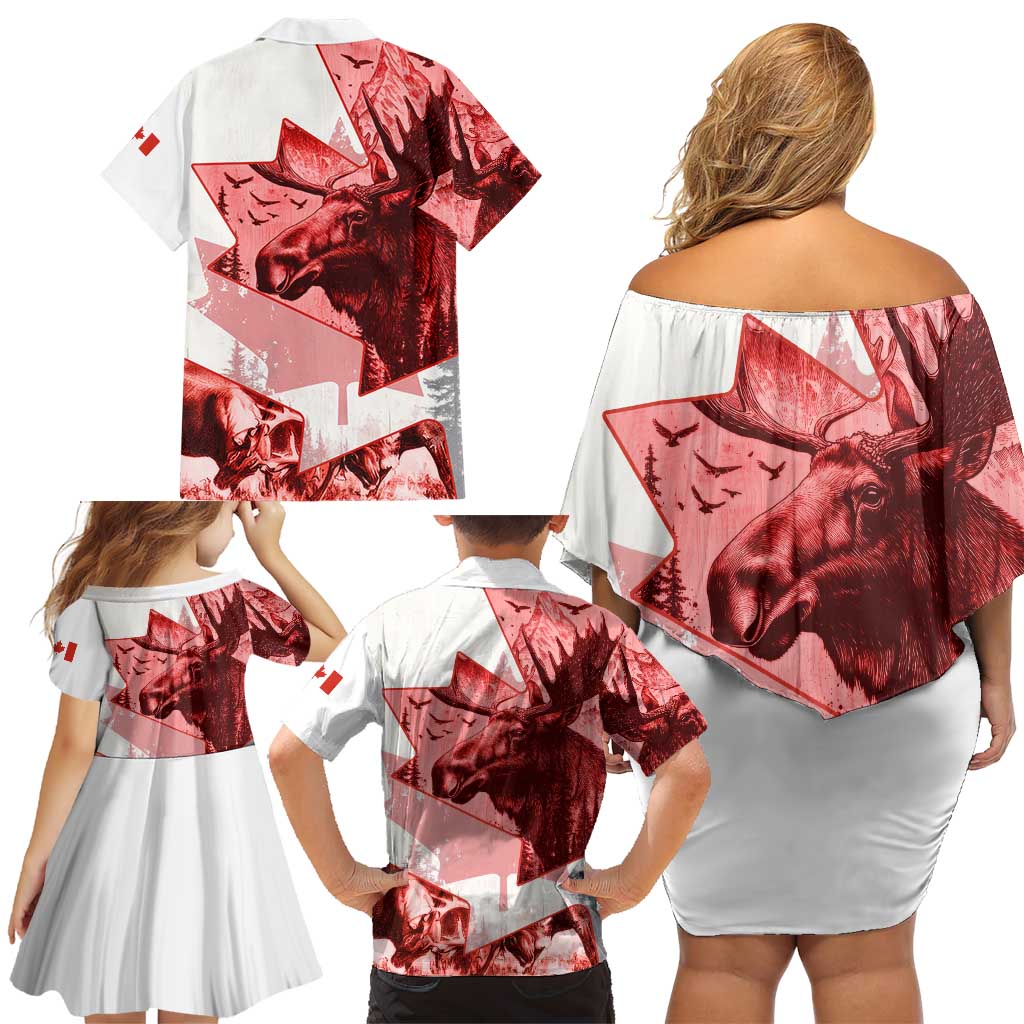 Canada Flag Family Matching Off Shoulder Short Dress and Hawaiian Shirt Caribou Design with National Symbol