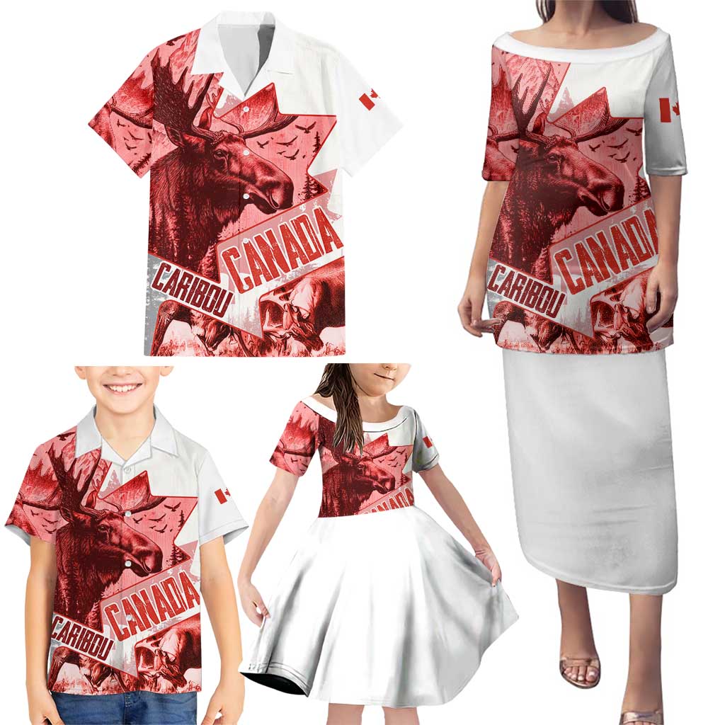 Canada Flag Family Matching Puletasi and Hawaiian Shirt Caribou Design with National Symbol