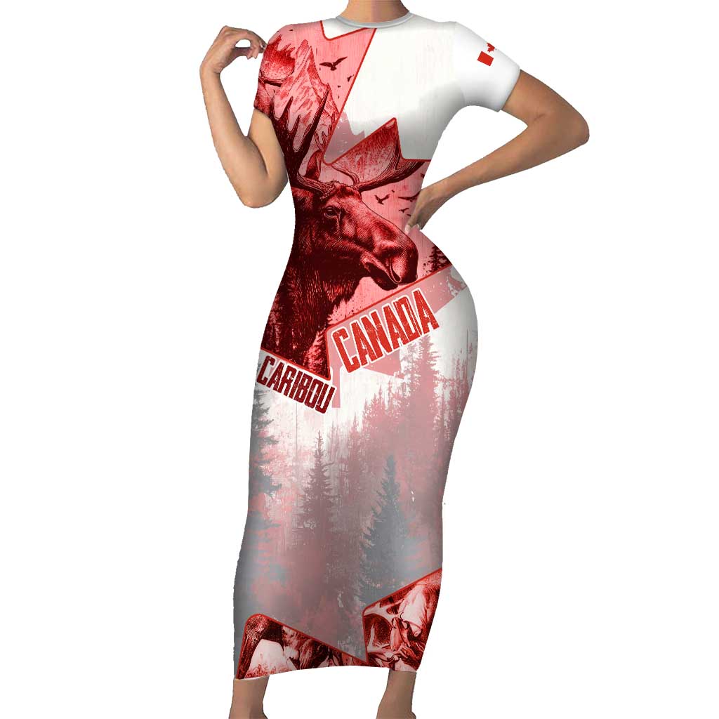 Canada Flag Family Matching Short Sleeve Bodycon Dress and Hawaiian Shirt Caribou Design with National Symbol
