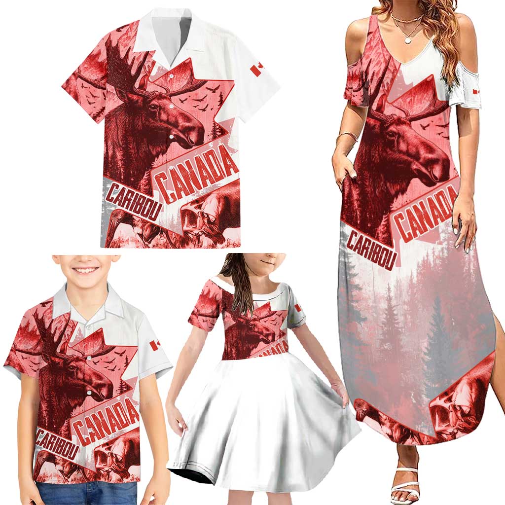 Canada Flag Family Matching Summer Maxi Dress and Hawaiian Shirt Caribou Design with National Symbol