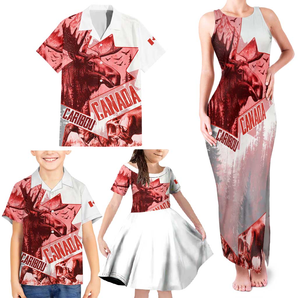 Canada Flag Family Matching Tank Maxi Dress and Hawaiian Shirt Caribou Design with National Symbol