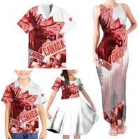 Canada Flag Family Matching Tank Maxi Dress and Hawaiian Shirt Caribou Design with National Symbol