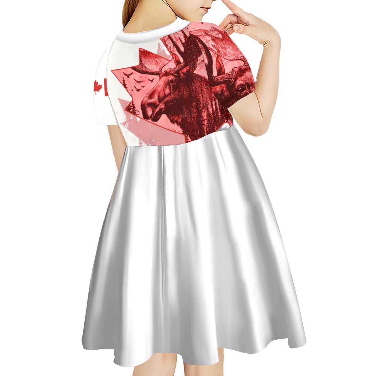 Canada Flag Kid Short Sleeve Dress Caribou Design with National Symbol