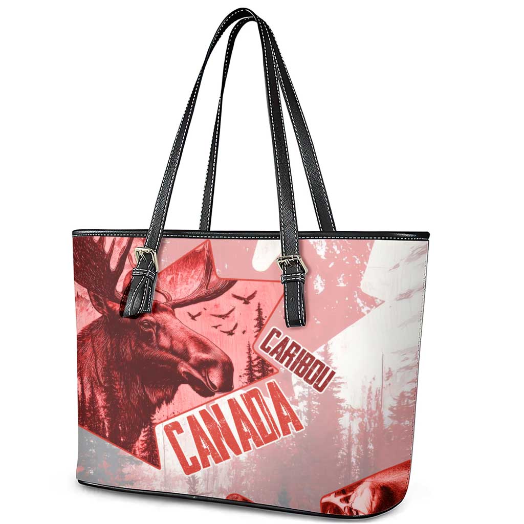 Canada Flag Leather Tote Bag Caribou Design with National Symbol