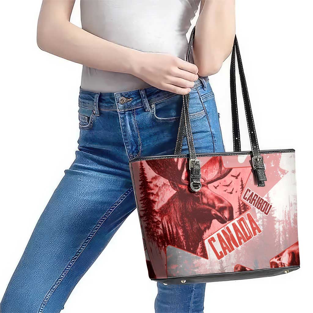 Canada Flag Leather Tote Bag Caribou Design with National Symbol