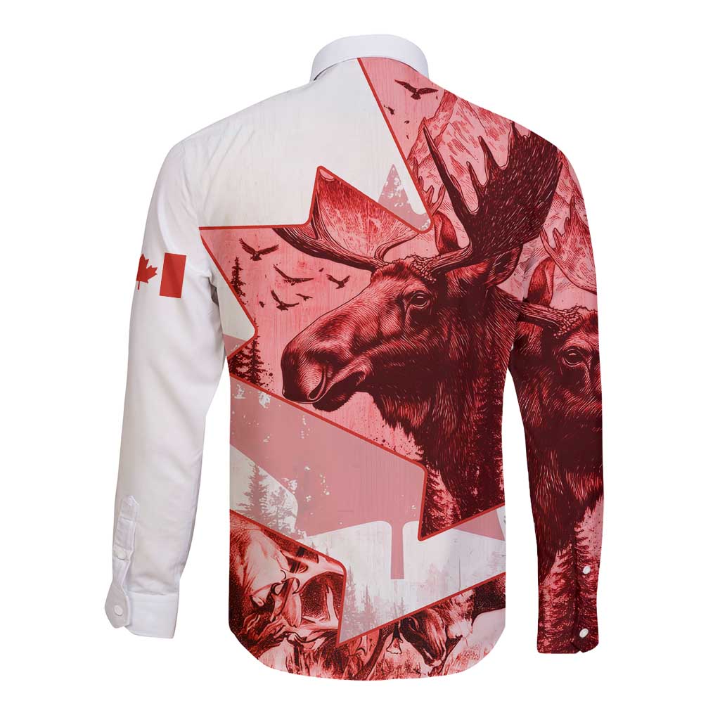 Canada Flag Long Sleeve Button Shirt Caribou Design with National Symbol