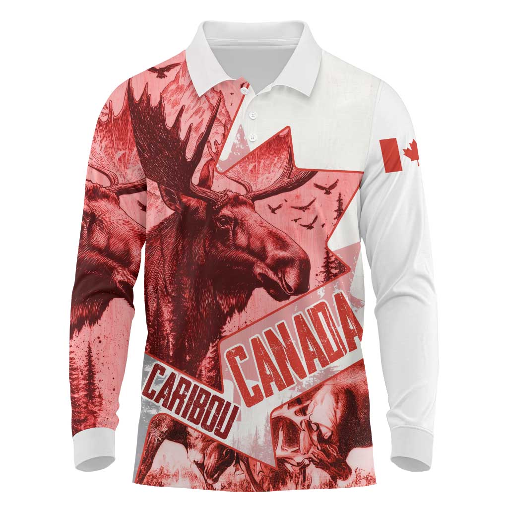 Canada Flag Long Sleeve Polo Shirt Caribou Design with National Symbol