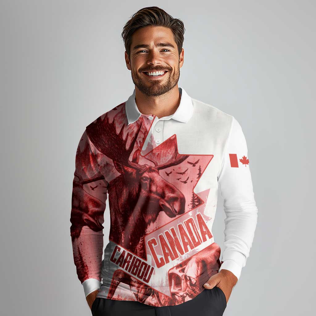 Canada Flag Long Sleeve Polo Shirt Caribou Design with National Symbol