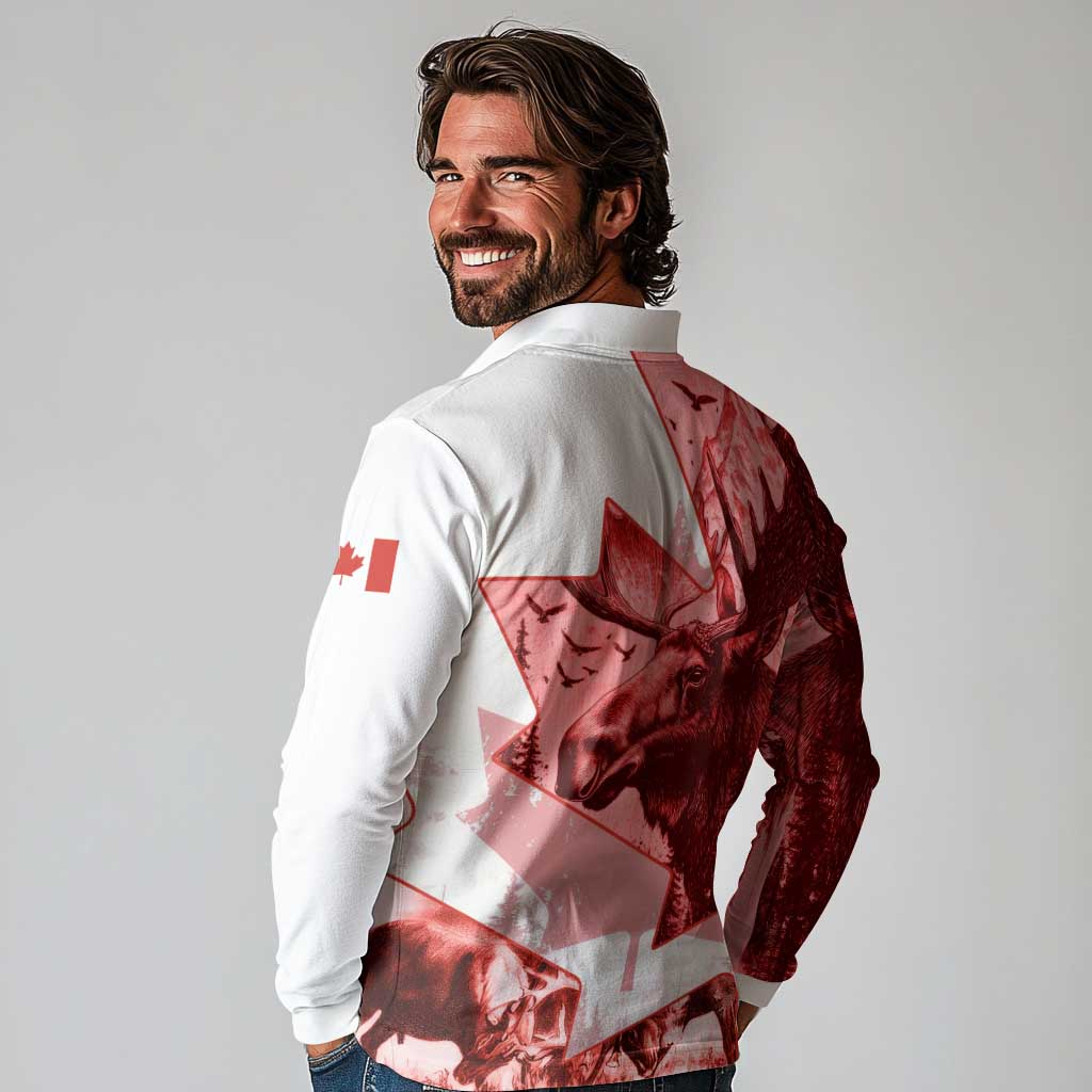 Canada Flag Long Sleeve Polo Shirt Caribou Design with National Symbol