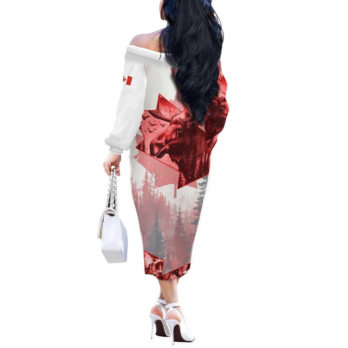 Canada Flag Off The Shoulder Long Sleeve Dress Caribou Design with National Symbol