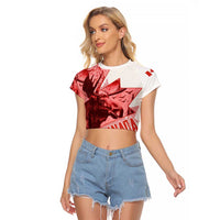 Canada Flag Raglan Cropped T Shirt Caribou Design with National Symbol