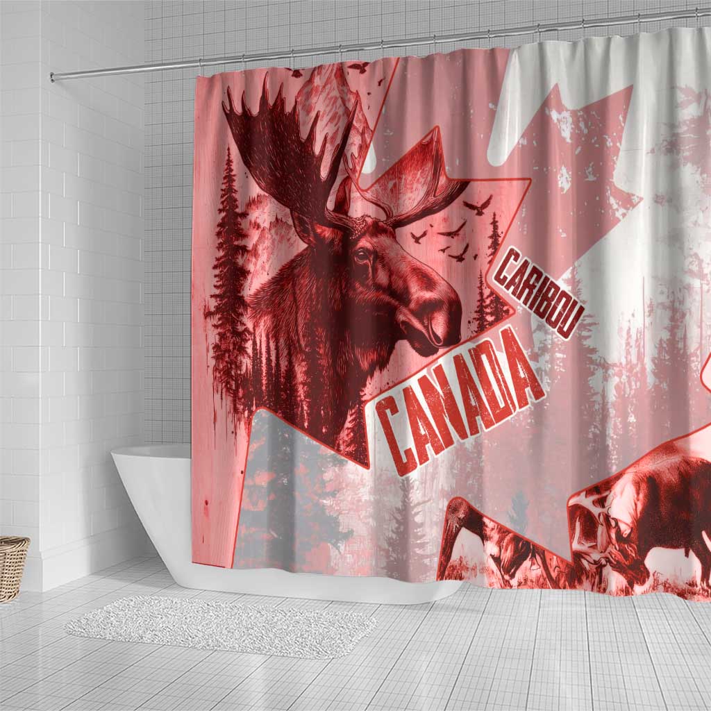 Canada Flag Shower Curtain Caribou Design with National Symbol
