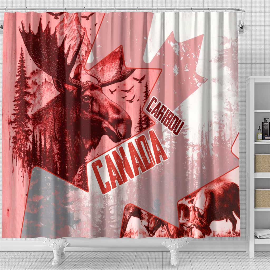 Canada Flag Shower Curtain Caribou Design with National Symbol
