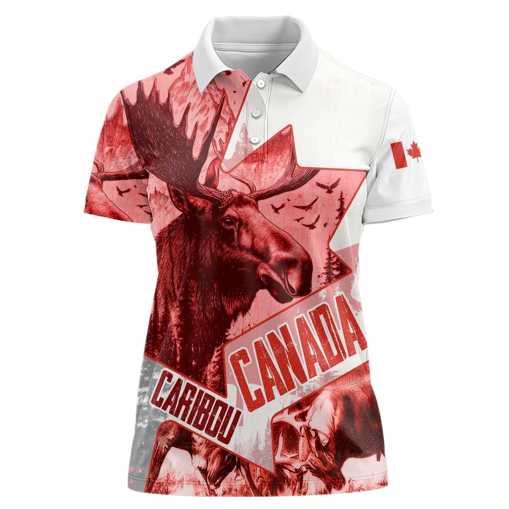 Canada Flag Women Polo Shirt Caribou Design with National Symbol