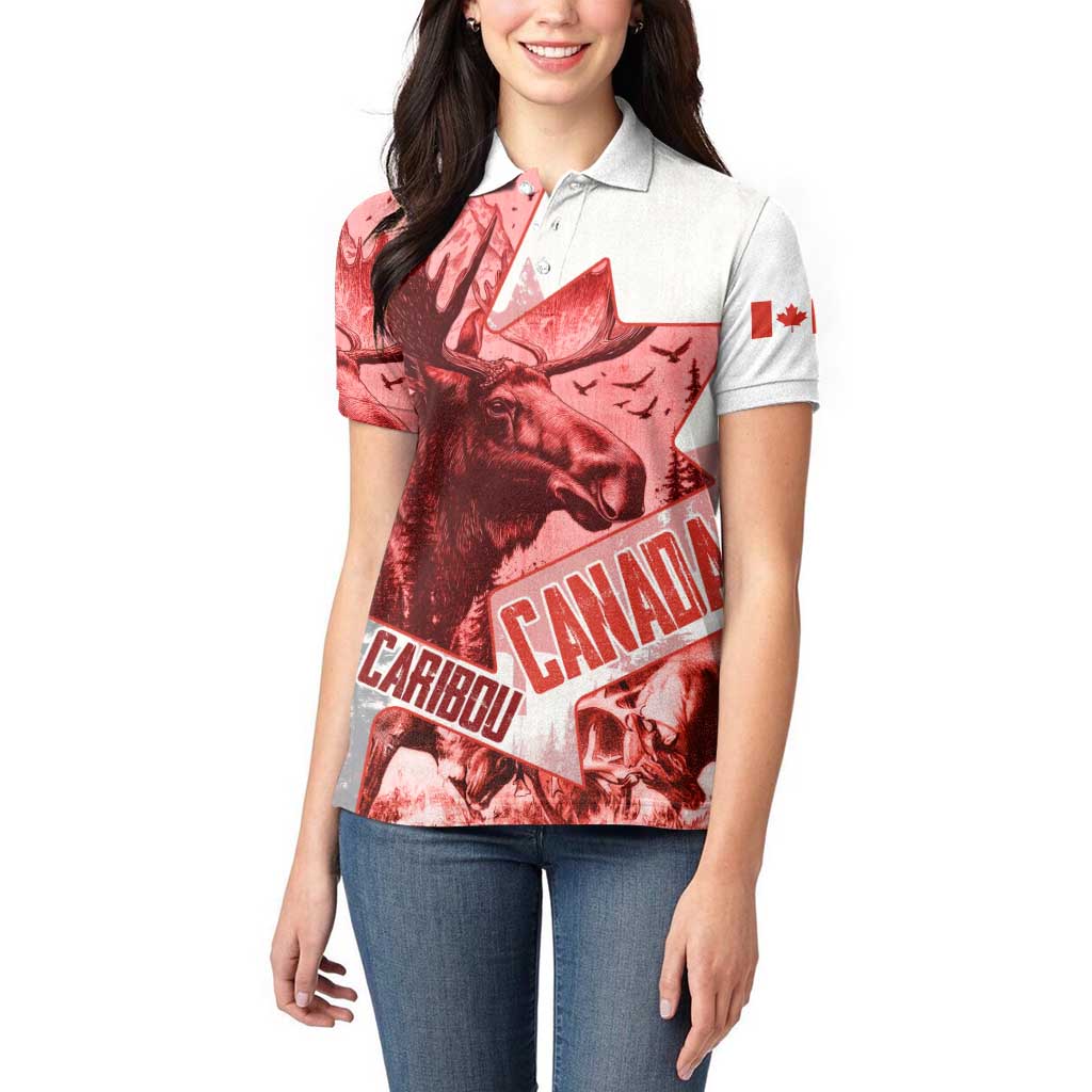 Canada Flag Women Polo Shirt Caribou Design with National Symbol